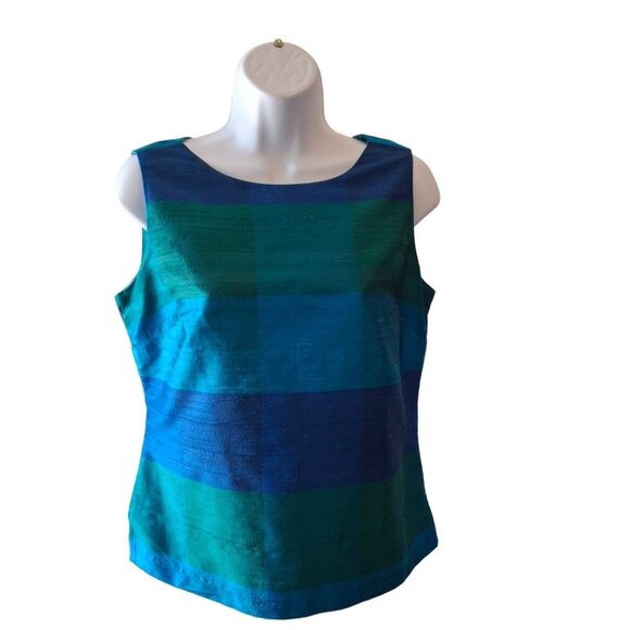 Talbots Silk Sleeveless Top 6P Fitted Colorblock Blue Green Textured Corpcore - Picture 1 of 6